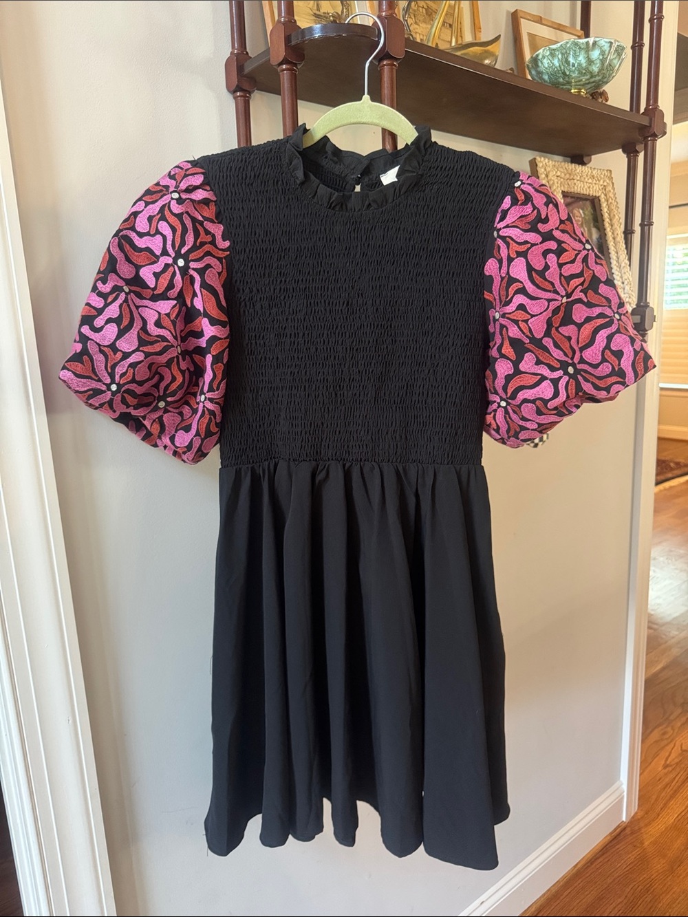 entro Black Dress with Pink Patterned Puff Sleeves